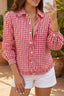 Red Gingham Plaid Ruffle Button Down Puff Sleeve Shirt