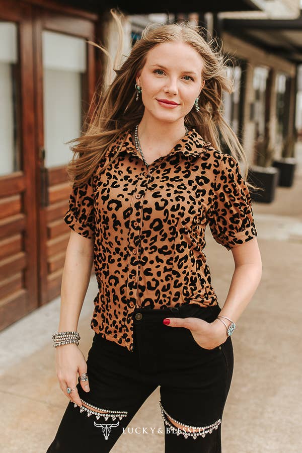 Leopard Burnout Collared Button Down Puff Sleeve Shirt Main image