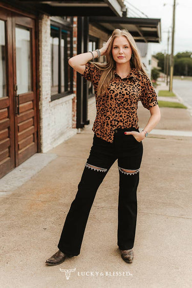 Leopard Burnout Collared Button Down Puff Sleeve Shirt