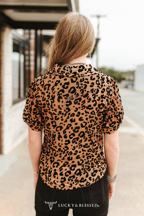 Leopard Burnout Collared Button Down Puff Sleeve Shirt