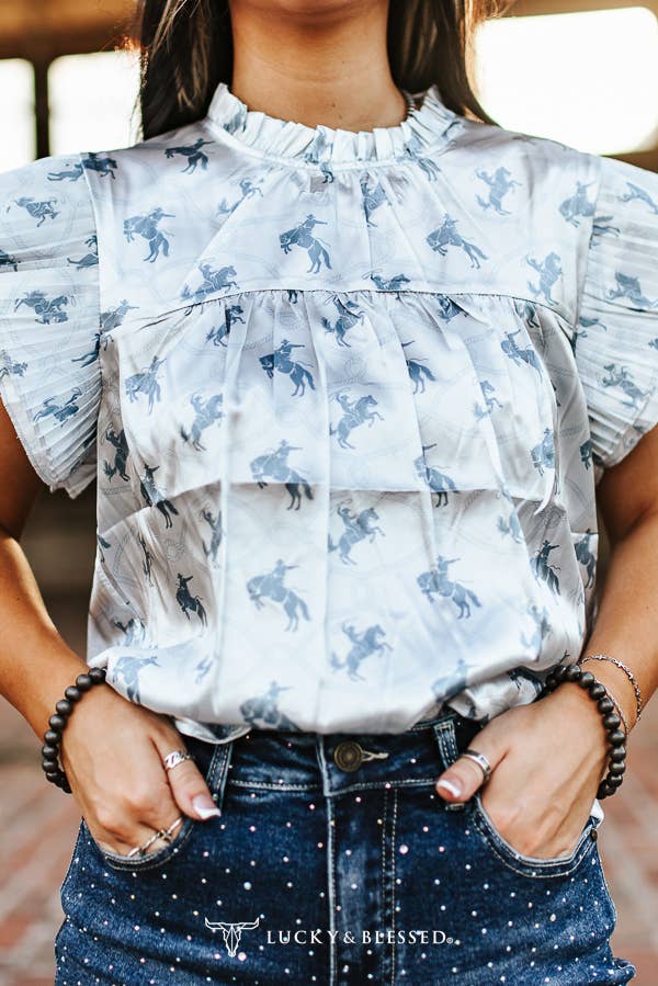 Horse Blue Printed Satin Pleated Ruffle Sleeveless Top