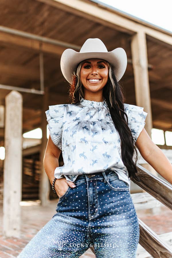 Horse Blue Printed Satin Pleated Ruffle Sleeveless Top
