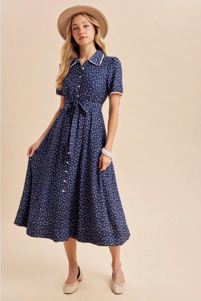 Button Down Tie Waist Maxi Dress with Lace Trim & Pockets Main image