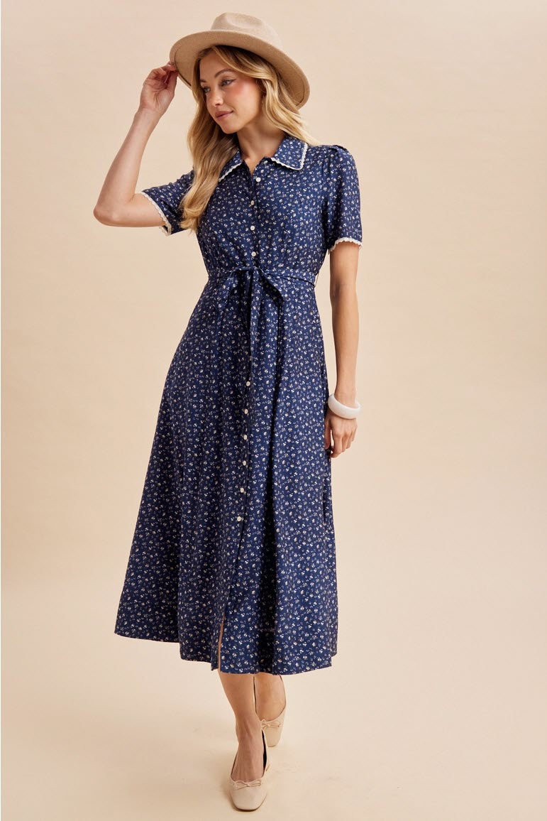 Button Down Tie Waist Maxi Dress with Lace Trim & Pockets
