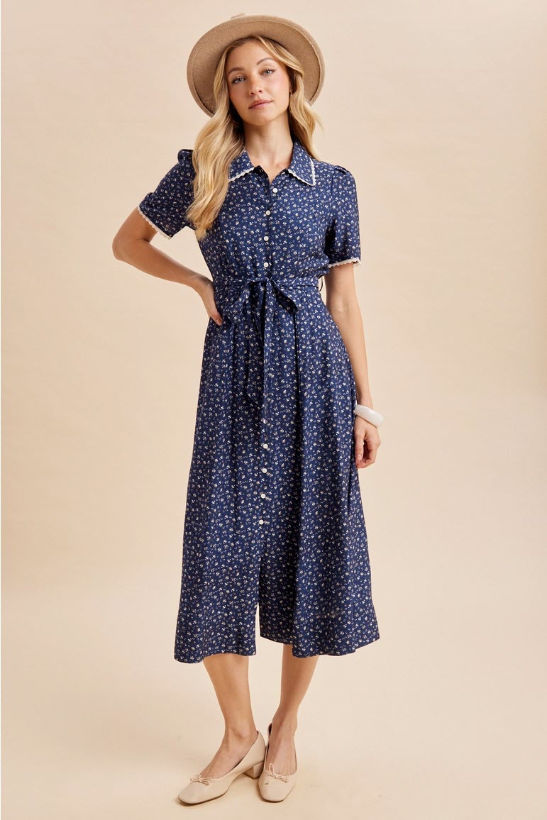 Button Down Tie Waist Maxi Dress with Lace Trim & Pockets