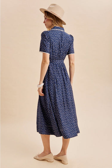 Button Down Tie Waist Maxi Dress with Lace Trim & Pockets