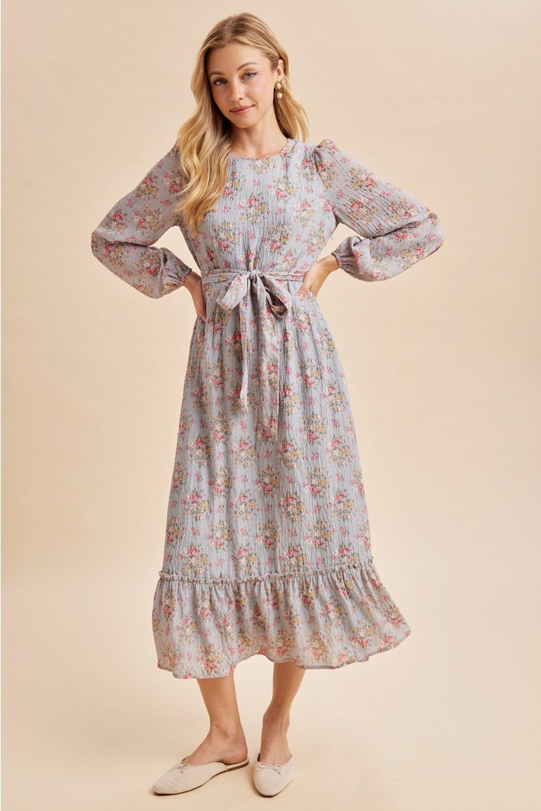 Dusty Blue Floral Tie Waist Maxi Dress with Ruffle Hem