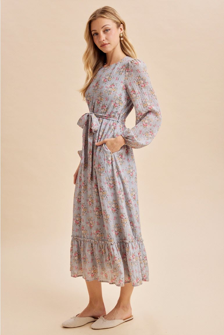 Dusty Blue Floral Tie Waist Maxi Dress with Ruffle Hem