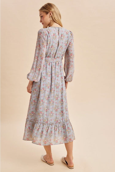 Dusty Blue Floral Tie Waist Maxi Dress with Ruffle Hem