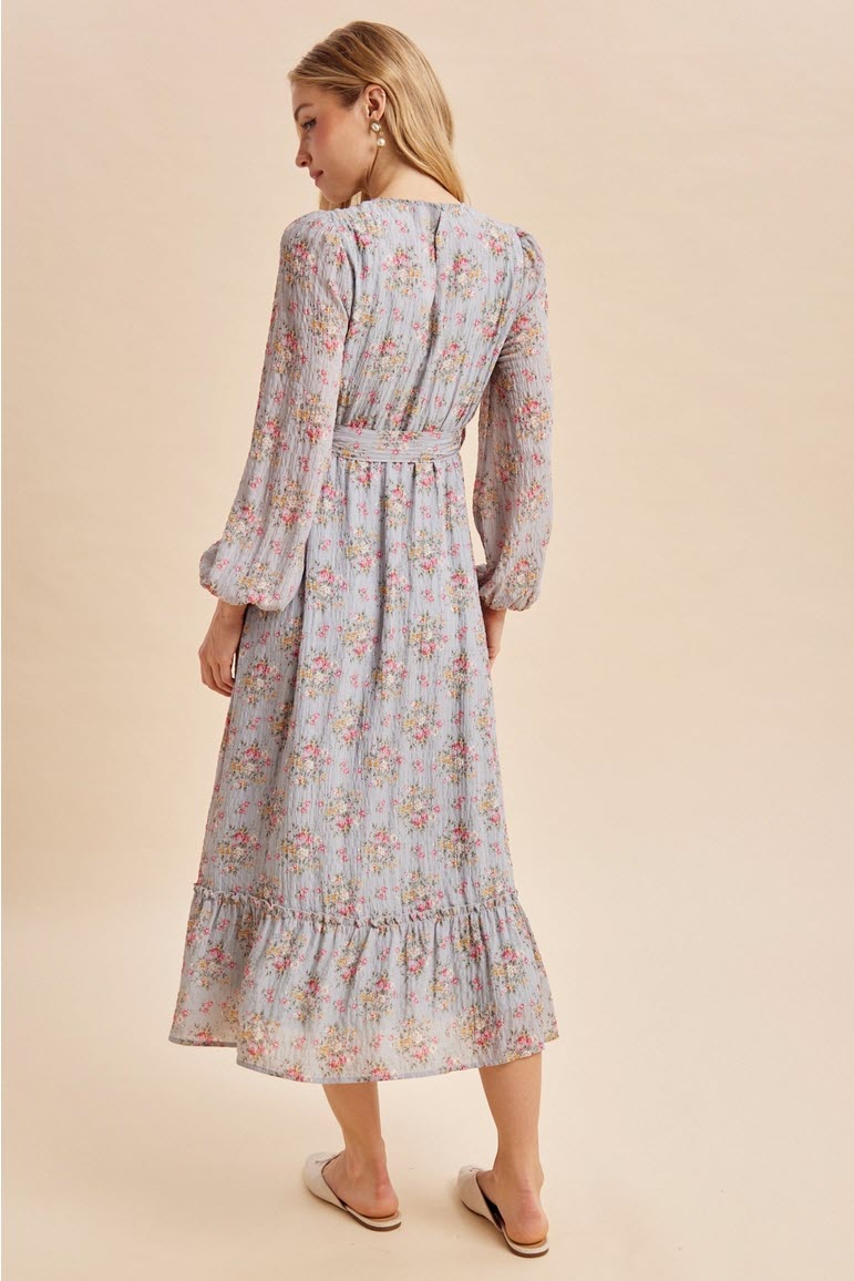 Dusty Blue Floral Tie Waist Maxi Dress with Ruffle Hem