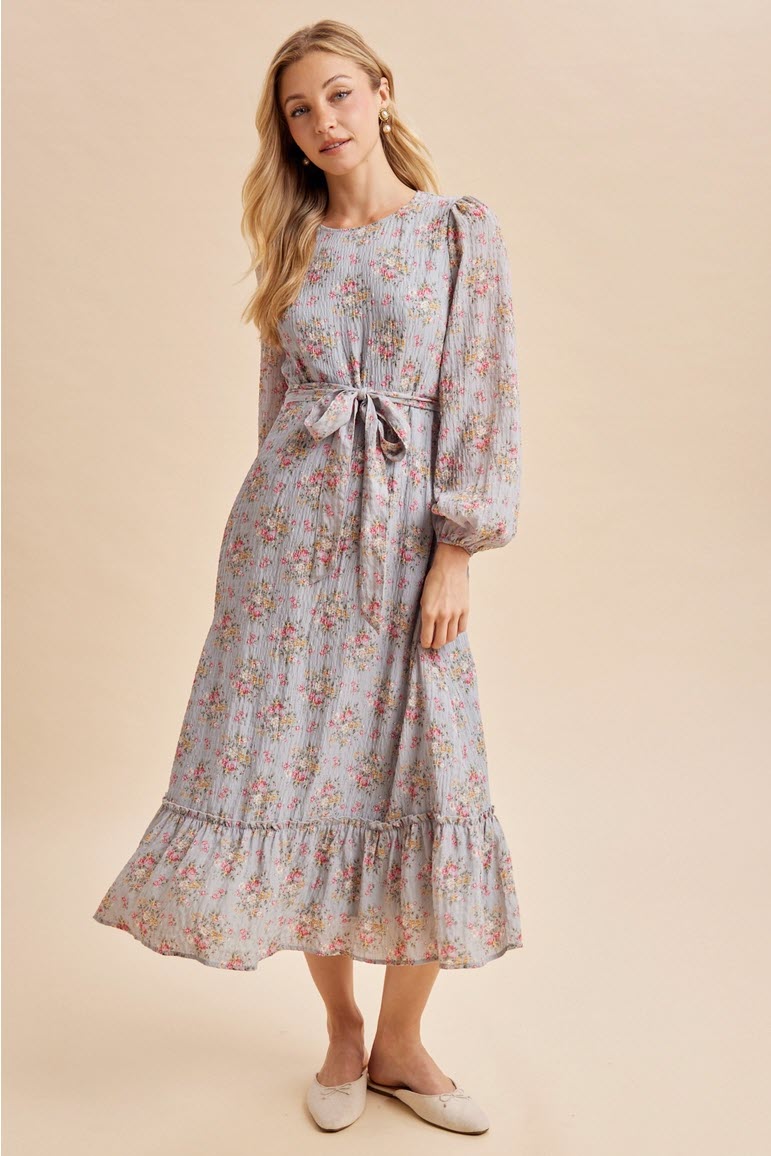 Dusty Blue Floral Tie Waist Maxi Dress with Ruffle Hem Main image