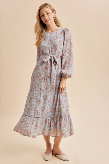 Dusty Blue Floral Tie Waist Maxi Dress with Ruffle Hem