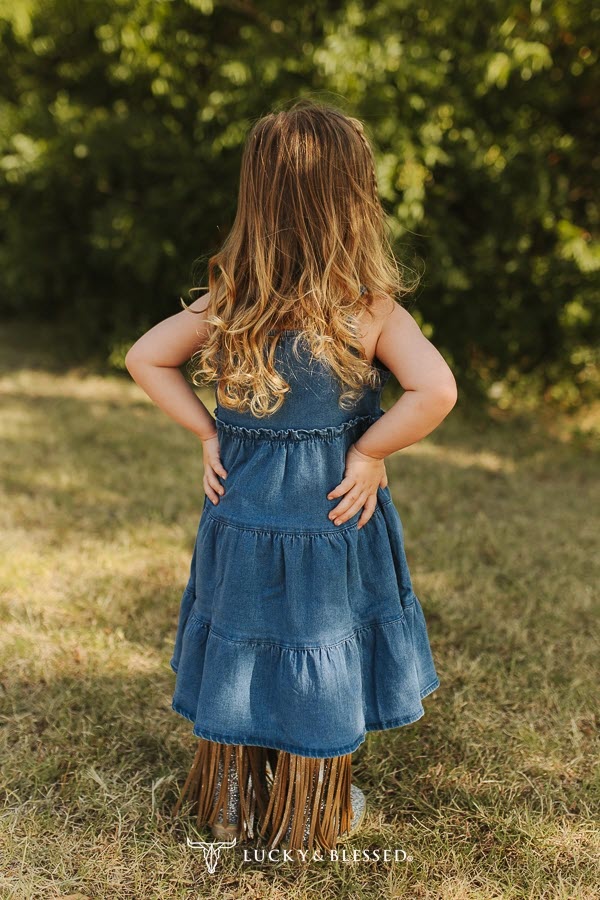 Girls Western Tiered Denim Ruffle Dress with Adjustable Straps