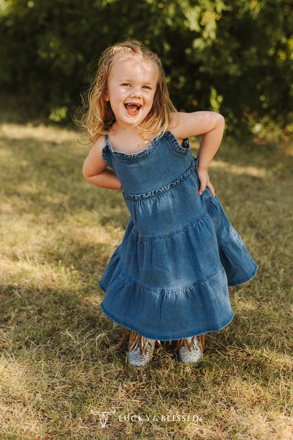 Girls Western Tiered Denim Ruffle Dress with Adjustable Straps Main image