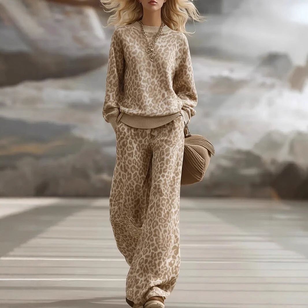 Leopard Print Sweatshirt & Wide Leg Pants Lounge Set Main image