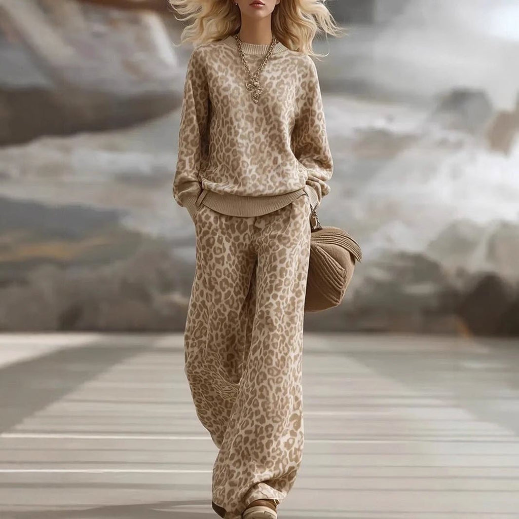 Leopard Print Sweatshirt & Wide Leg Pants Lounge Set