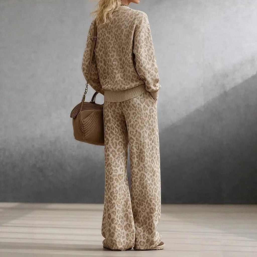 Leopard Print Sweatshirt & Wide Leg Pants Lounge Set
