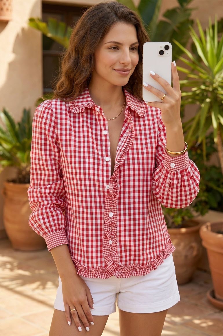 Red Gingham Plaid Ruffle Button Down Puff Sleeve Shirt