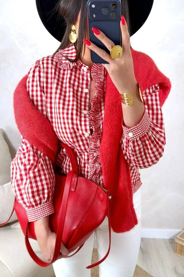 Red Gingham Plaid Ruffle Button Down Puff Sleeve Shirt