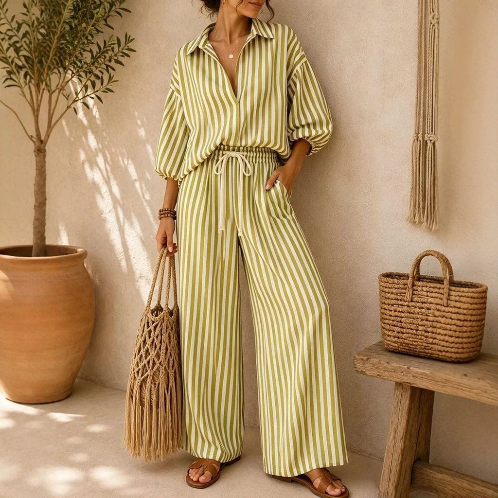 Striped Oversized Button-Down Shirt & Wide-Leg Pants Set