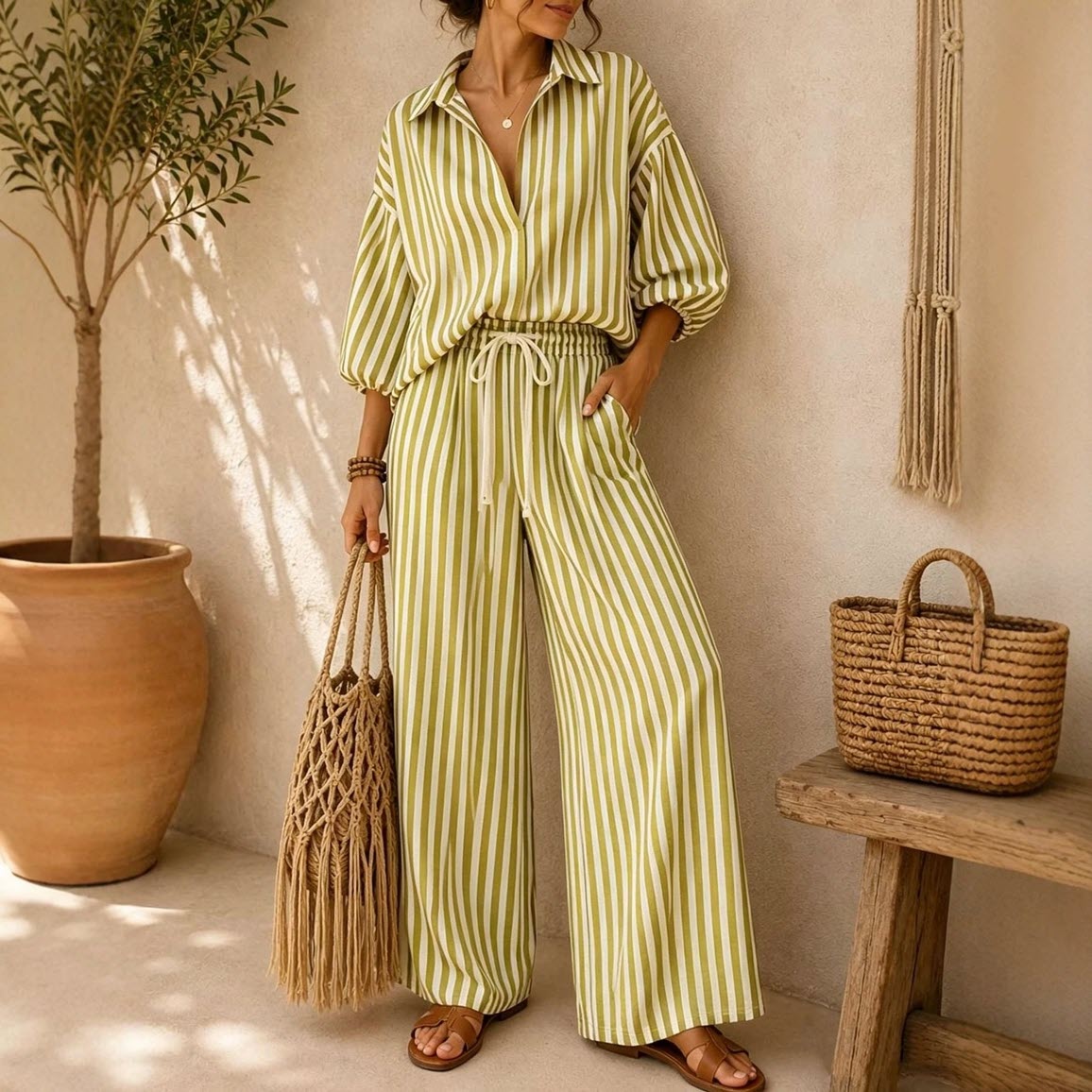 Striped Oversized Button-Down Shirt & Wide-Leg Pants Set