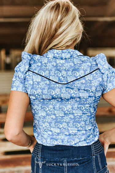 Blue Western Puff Sleeve Pearl Snap Button Down Shirt