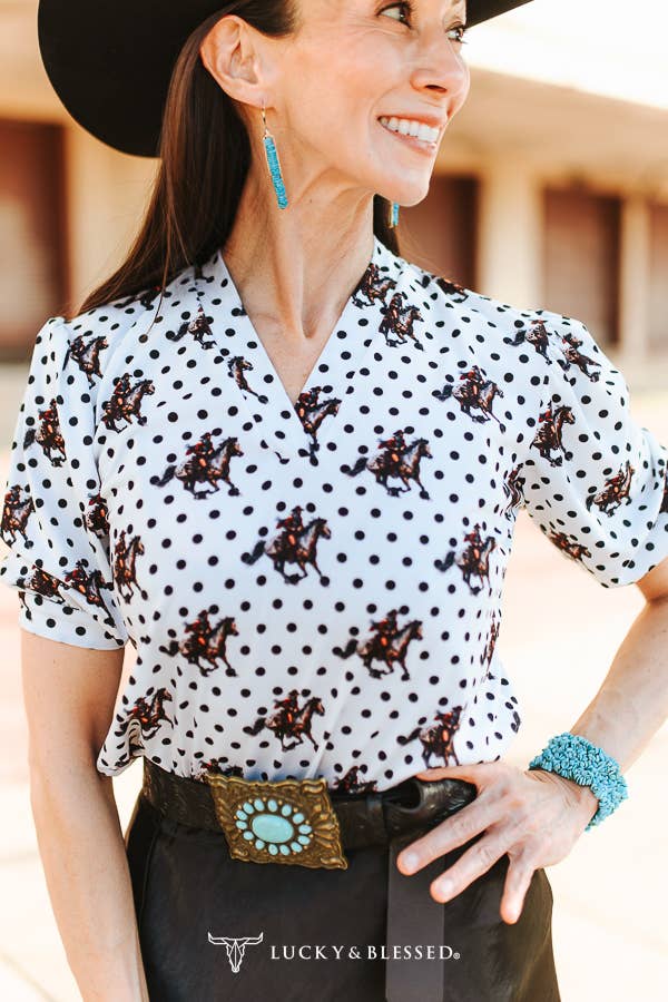 Polka Dot Printed Pleated V Neck Blouse