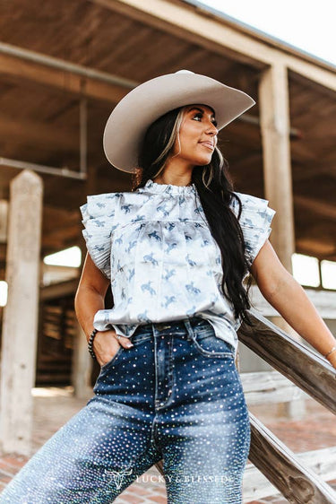 Horse Blue Printed Satin Pleated Ruffle Sleeveless Top