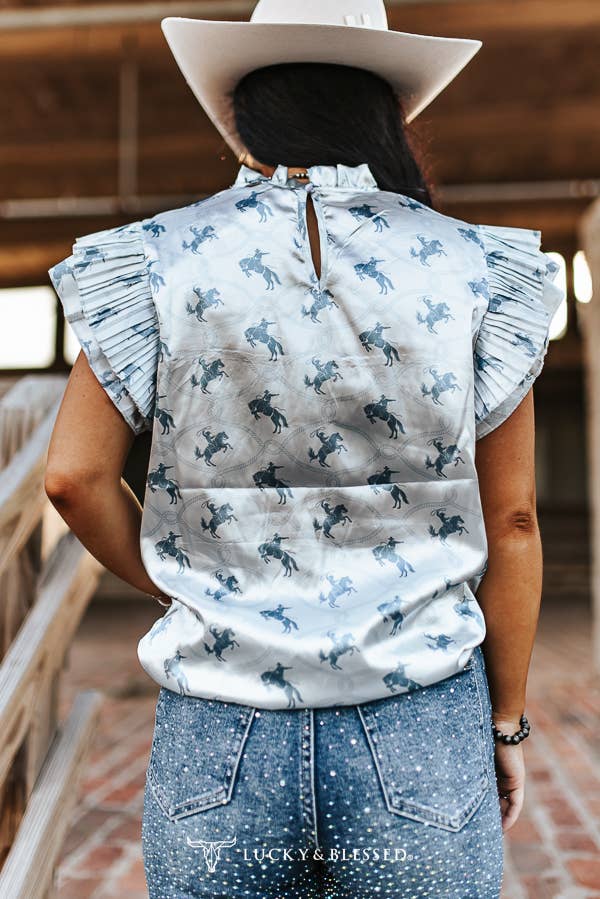 Horse Blue Printed Satin Pleated Ruffle Sleeveless Top