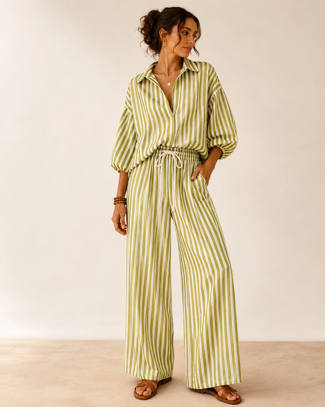 Striped Oversized Button-Down Shirt & Wide-Leg Pants Set