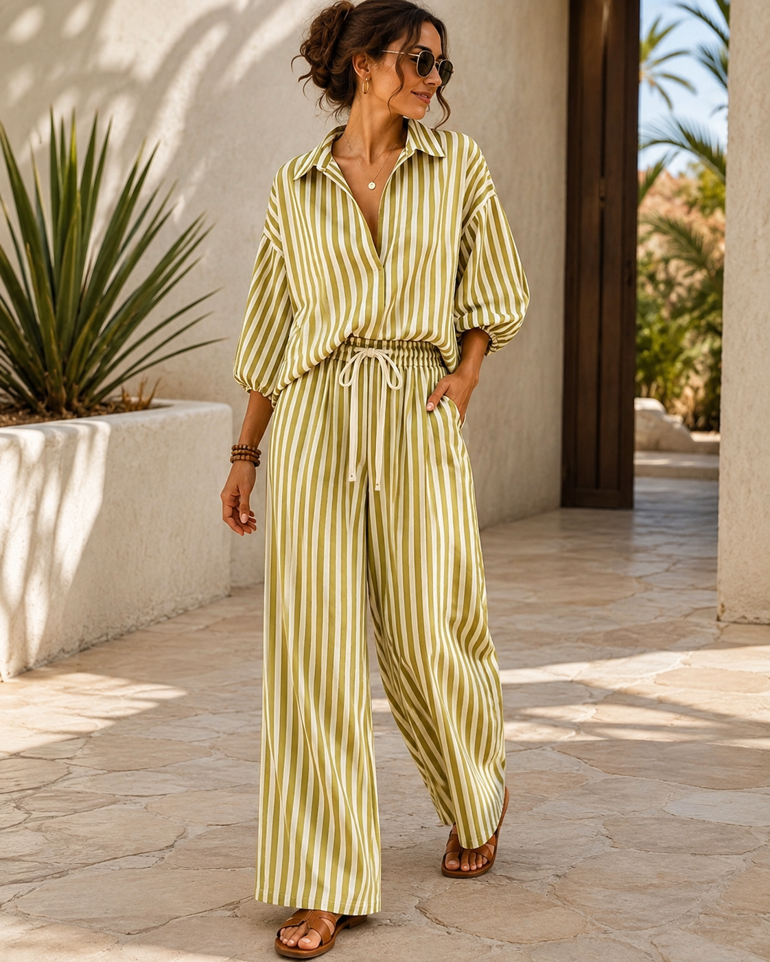 Striped Oversized Button-Down Shirt & Wide-Leg Pants Set