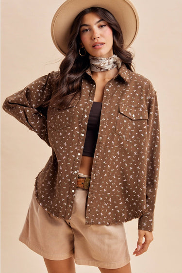 Women’s brown floral snap-button western shacket styled open over a brown top