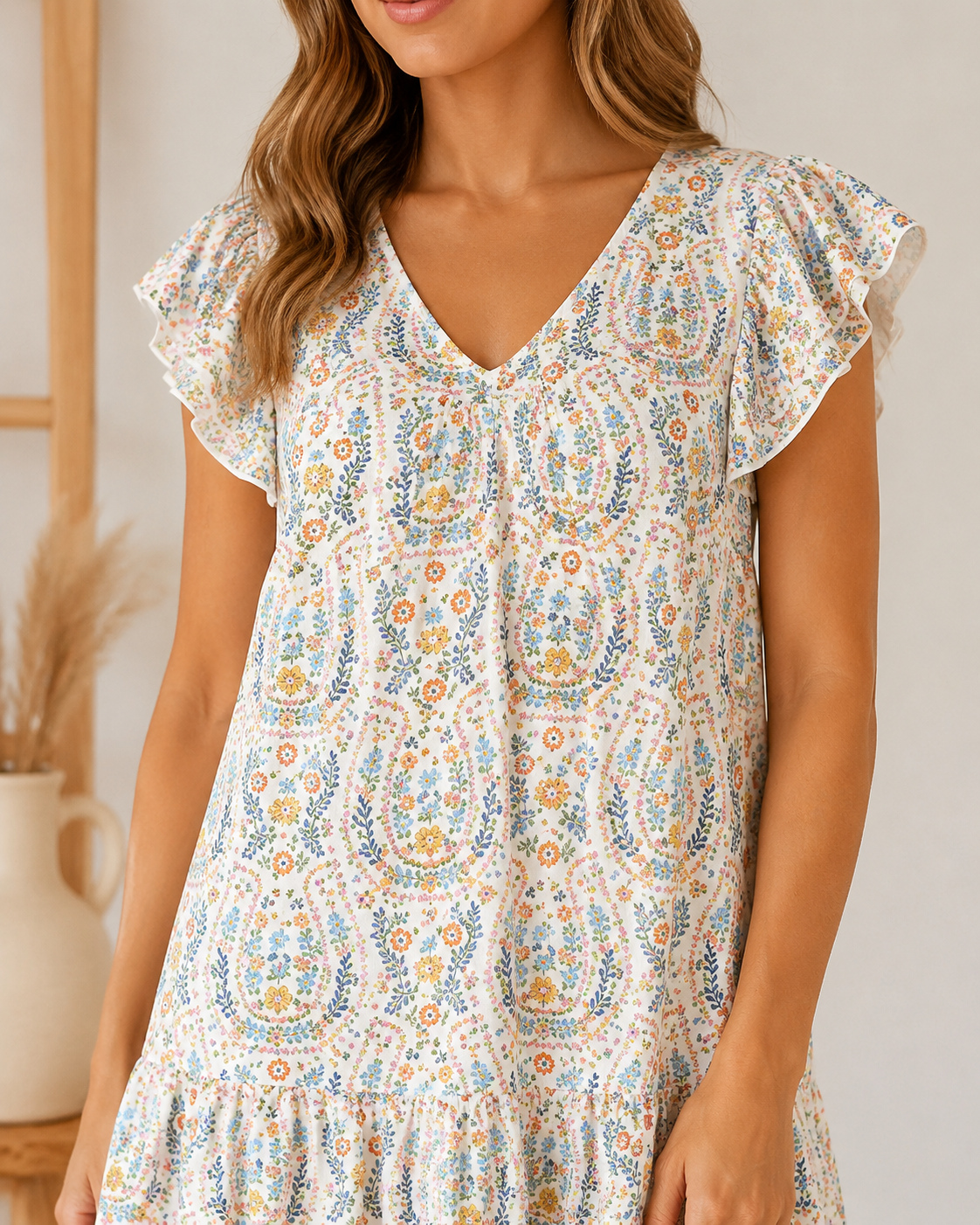 Close-up of the horseshoe floral print, V-neck and layered ruffle sleeves